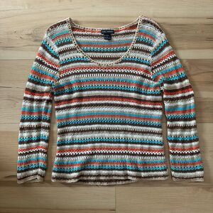 Vintage SML Sport Knit Crochet‎ Multicolor Striped Boho Hippie Top Size Large